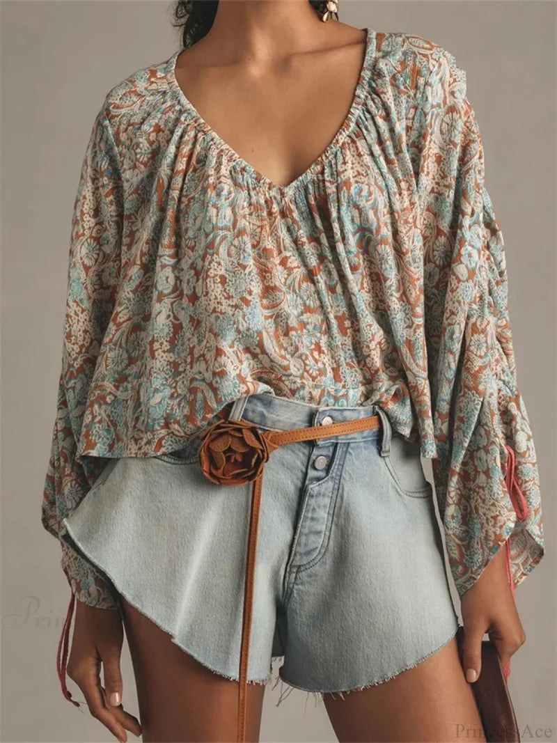 Floral Tie-Up Flare Sleeve Boho Blouse blue / S blouse-250223