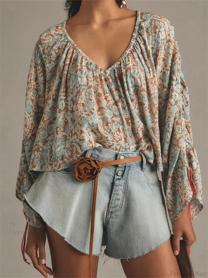Floral Tie-Up Flare Sleeve Boho Blouse blue / S blouse-250223