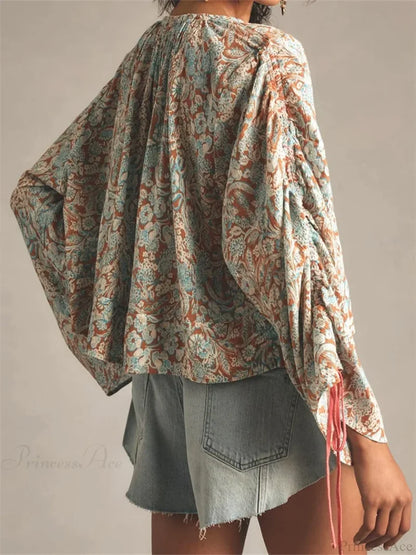 Floral Tie-Up Flare Sleeve Boho Blouse blouse-250223