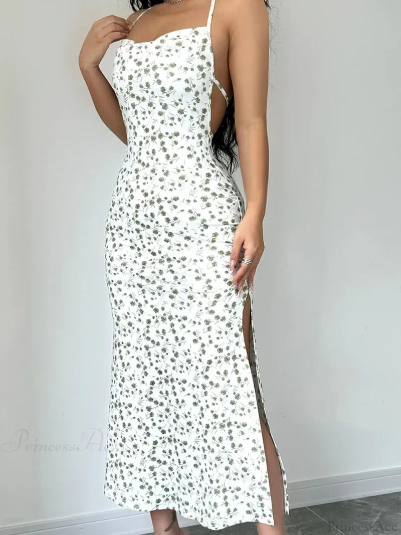 Floral Tied Backless Halter Split Floral Dress Green / S floraldress-250126