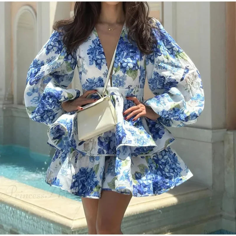 Floral V-Neck Ruffle Mini Floral Dress Blue / S floraldress-250126