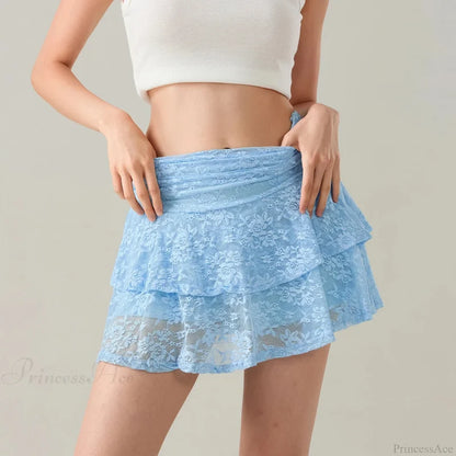 Flower Lace Layered Ruffle Skirt Blue / S skirts-250223