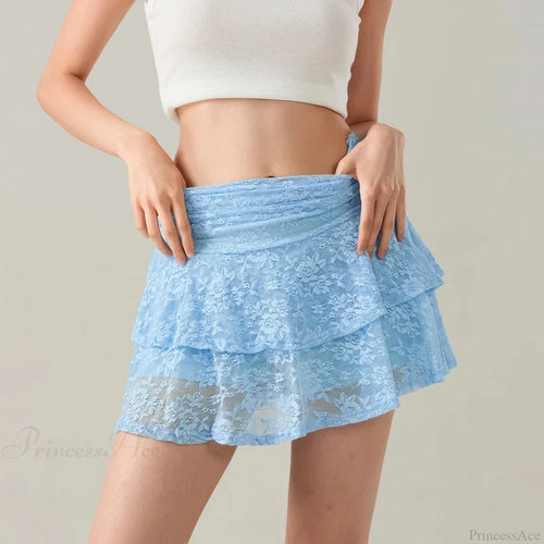 Flower Lace Layered Ruffle Skirt Blue / S skirts-250223