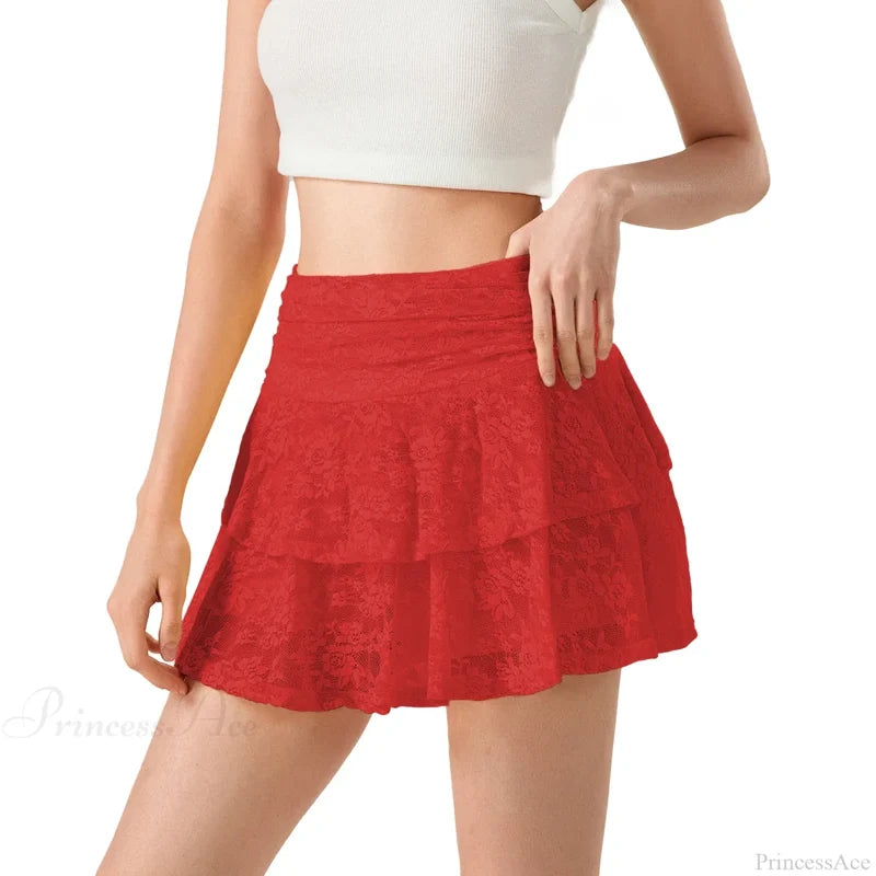 Flower Lace Layered Ruffle Skirt Red / S skirts-250223