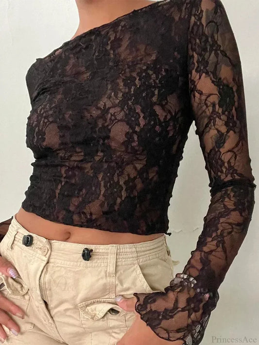 Flower Lace Long Sleeve Y2K Crop Top Black / S