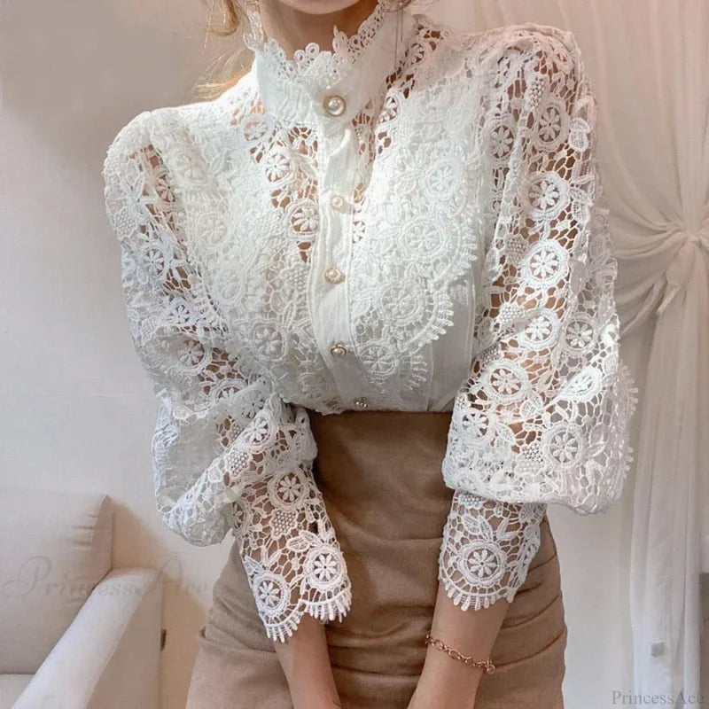 Flower Lace Patchwork Petal Sleeve Blouse WHITE / S blouse-250223