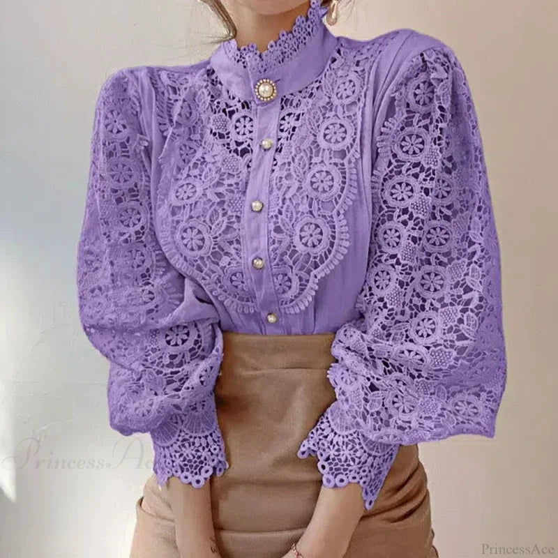 Flower Lace Patchwork Petal Sleeve Blouse PURPLE / S blouse-250223