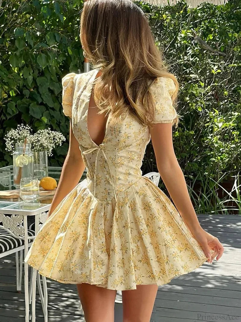 Flower Print Deep V-Neck Mini Dress minidress-250223