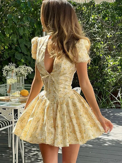 Flower Print Deep V-Neck Mini Dress minidress-250223