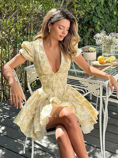 Flower Print Deep V-Neck Mini Dress minidress-250223