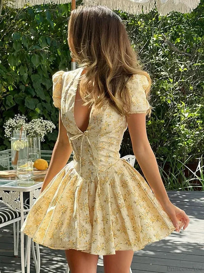Flower Print Deep V-Neck Mini Dress Yellow / S minidress-250223