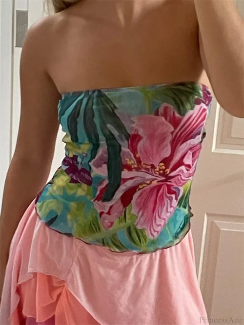 Flower Print Strapless Backless Tube Crop Top PINK / S croptop-250126
