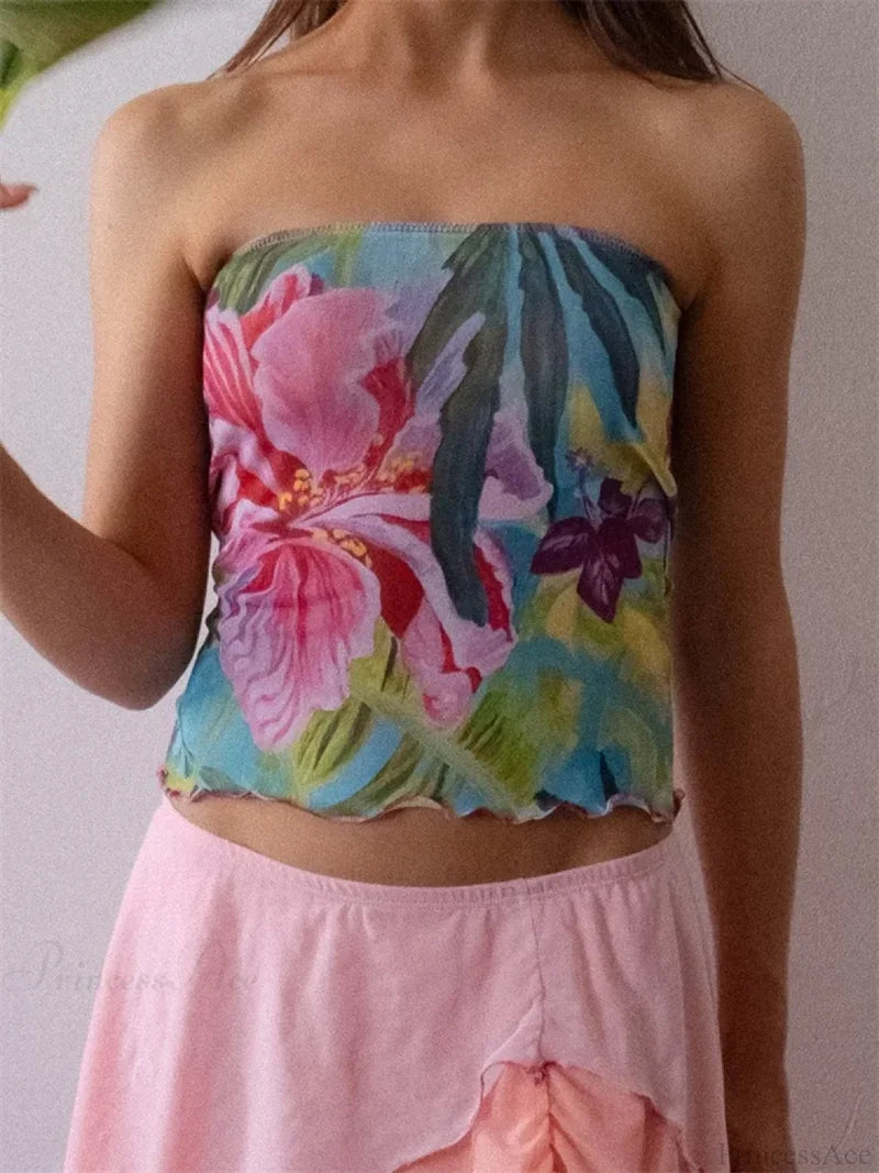 Flower Print Strapless Backless Tube Crop Top croptop-250126