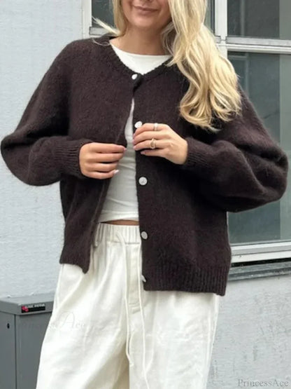 Fuzzy Button-Down Long Sleeve Knit Cardigan black / S