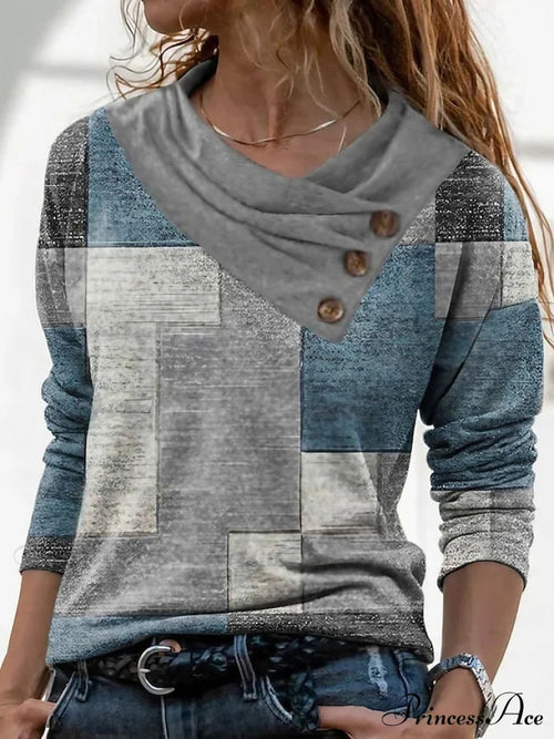 Women’s Blue Button Long Neck Pile Design Basic Abstract Navy Tee Shirt Red Arm Geometric V
