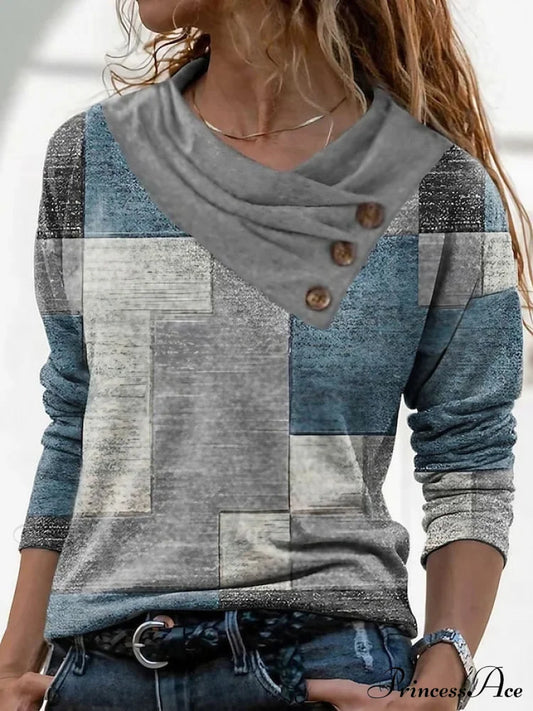 Women’s Blue Button Long Neck Pile Design Basic Abstract Navy Tee Shirt Red Arm Geometric V