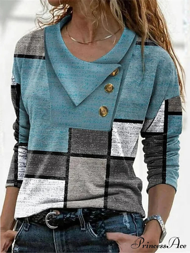 Women’s Blue Button Long Neck Pile Design Basic Abstract Navy Tee Shirt Red Arm Geometric V