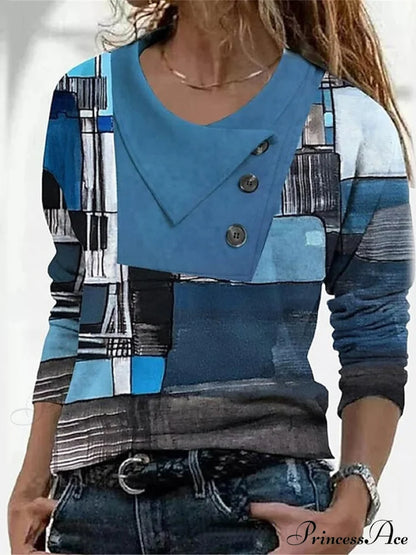Women’s Blue Button Long Neck Pile Design Basic Abstract Navy Tee Shirt Red Arm Geometric V