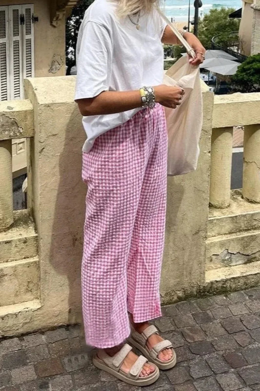 Gingham Print Elastic Waist Drawstring Lounge Pant Pink / S pant-250223