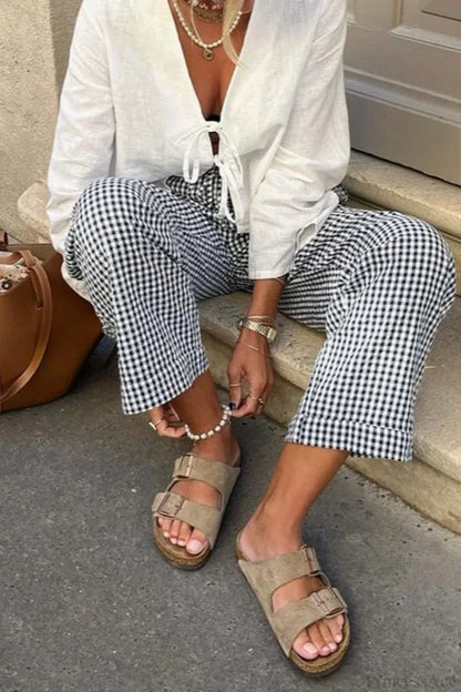 Gingham Print Elastic Waist Drawstring Lounge Pant Black / S pant-250223