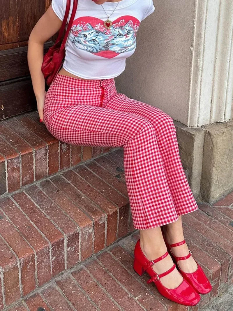 Gingham Red High Waist Flare Plaid Pant pant-250223
