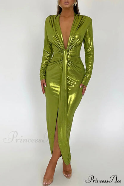 Glossy V Neck Ruched Slit Dress Green / S Midi Dresses