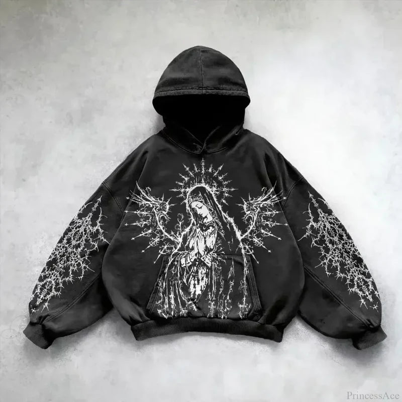 Goddess Pattern Print Hoodie black 1 / M