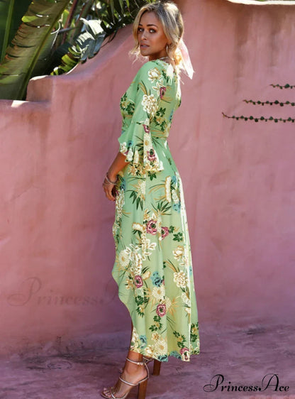 Gown Flowered For Neck Design Full-Length Vintage Warm-Season V Women S / Blue Dresses