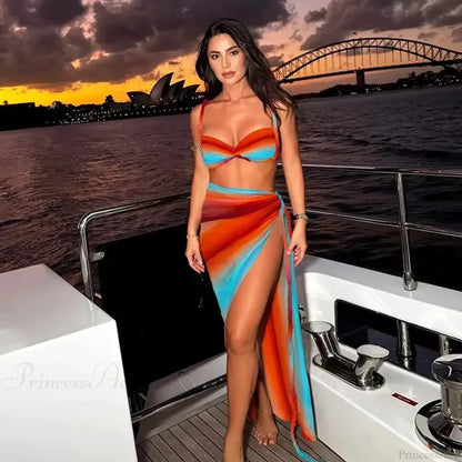 Gradient Bikini Set with Long Skirt Three Piece Swimsuit color1 / S