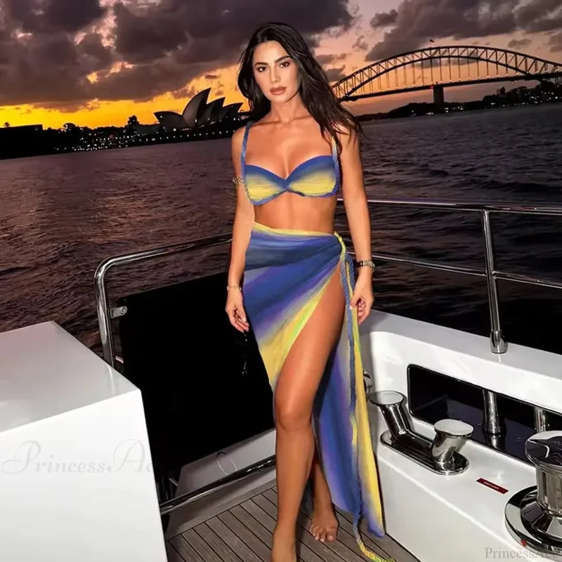 Gradient Bikini Set with Long Skirt Three Piece Swimsuit color3 / S