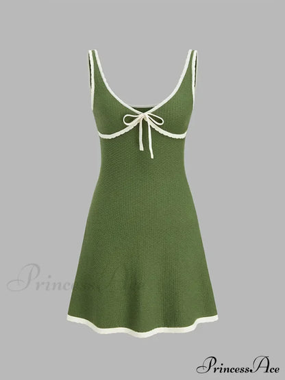 Green Contrast Seam Charming V-Neck Knit Mini Dress