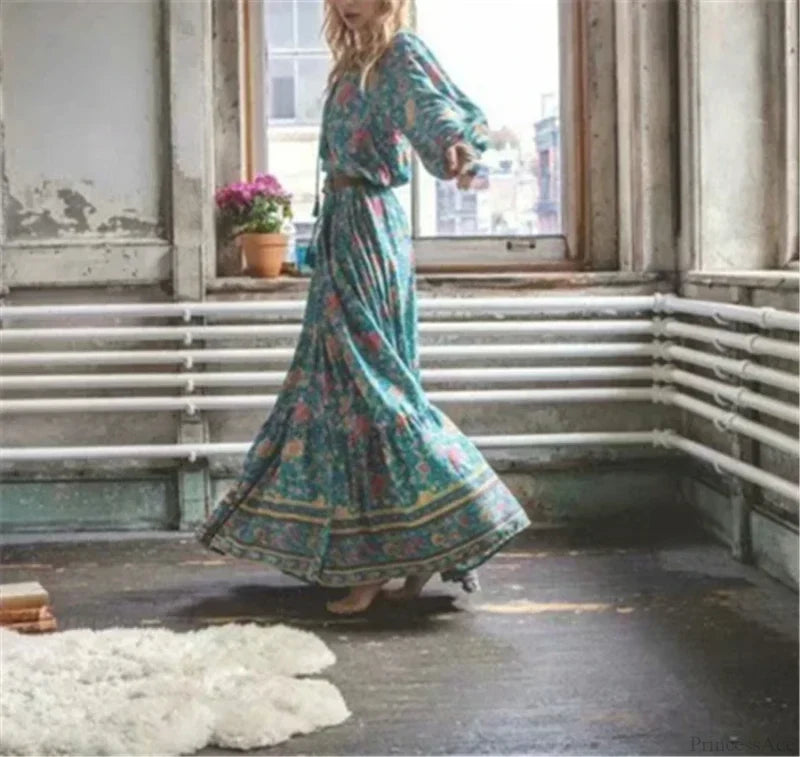Green Floral Print Tassel Rayon Cotton Beach Maxi Boho Dress bohodress-250126