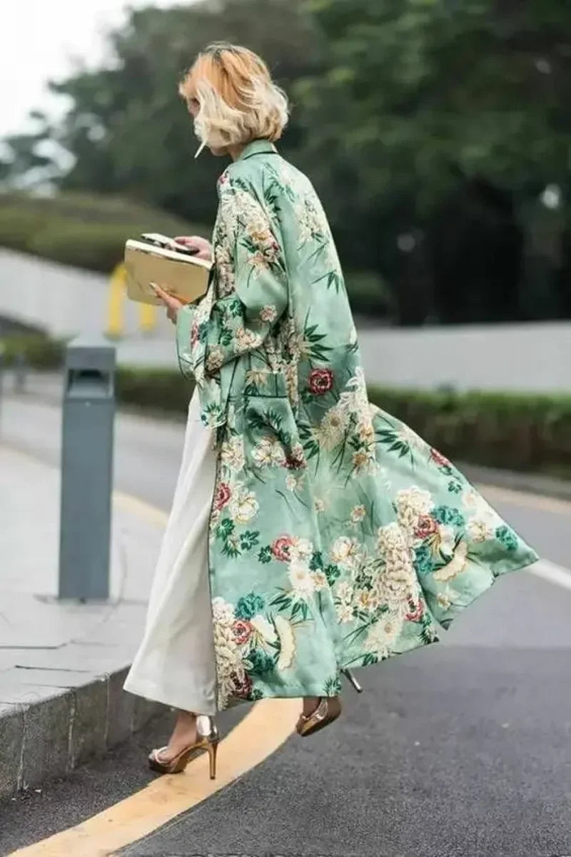 Green Floral Satin Kimono Kaftan Boho Bikini Cover up Green / S