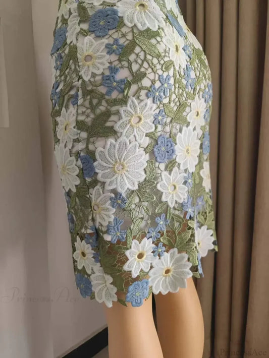 Green Lace Pencil Skirt Knee Length Bi-material Skirt Green / S
