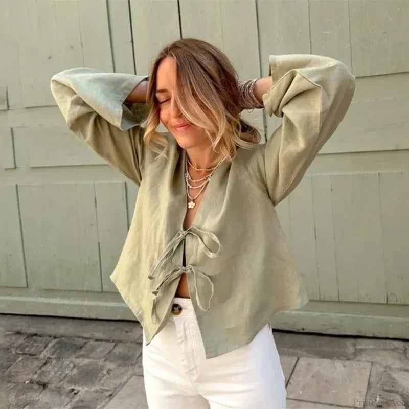 Green Linen Lace-Up Long Sleeve V-neck Blouse Green / S blouse-250126