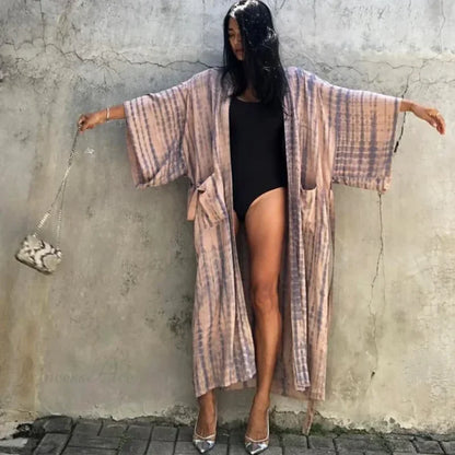 Green Printed Silky Kimono Robe Boho Cover up bohocoverup-250126