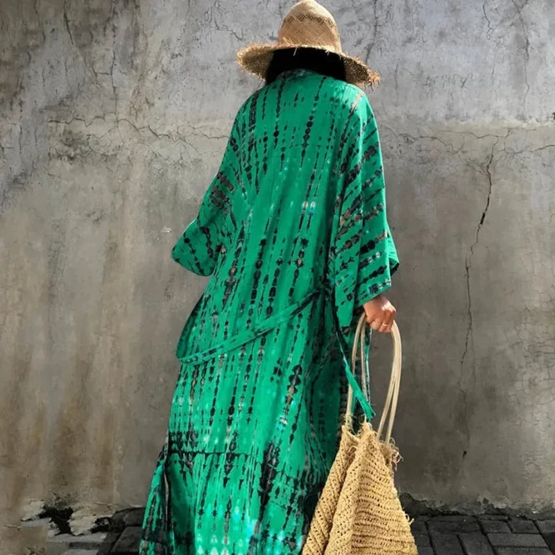 Green Printed Silky Kimono Robe Boho Cover up bohocoverup-250126