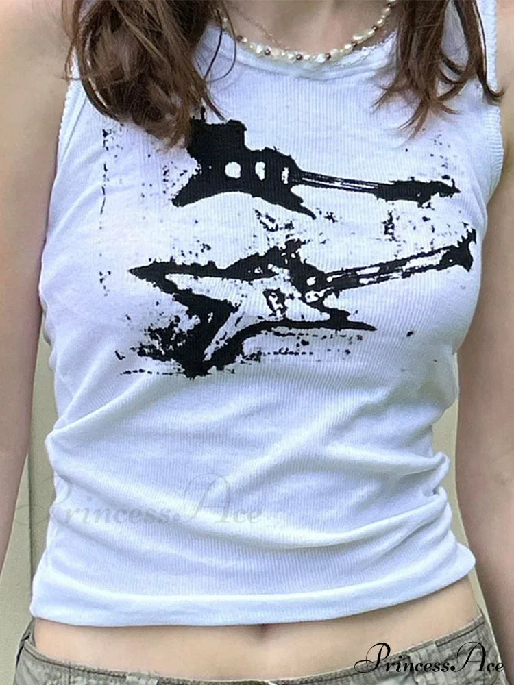 Guitar Print Sleeveless Y2K Casual Ribbed Women Crop Harajuku Fashion Vest 90S Street Outfits Tank