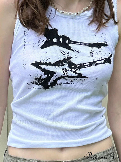 Guitar Print Sleeveless Y2K Casual Ribbed Women Crop Harajuku Fashion Vest 90S Street Outfits Tank