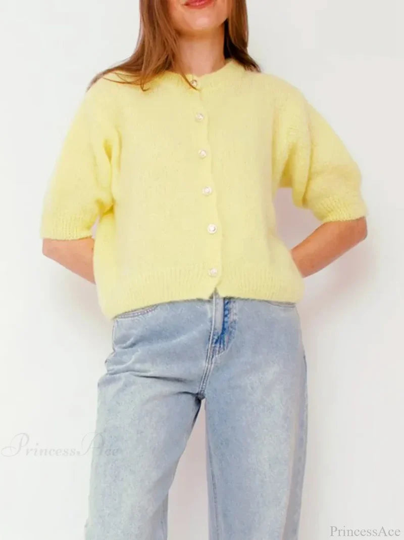 Half Sleeve O Neck Button-Up Knit Cardigan