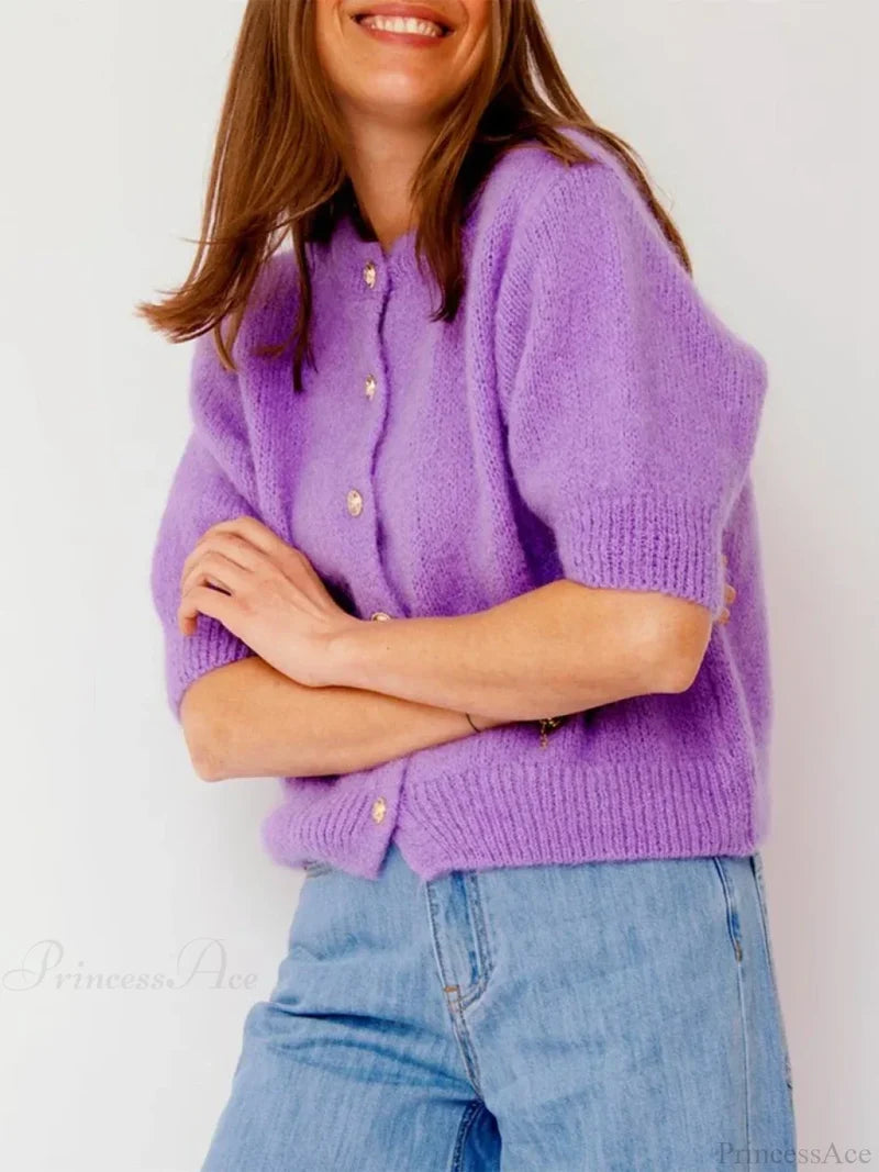 Half Sleeve O Neck Button-Up Knit Cardigan