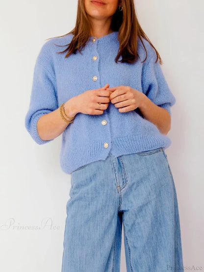 Half Sleeve O Neck Button-Up Knit Cardigan blue / S