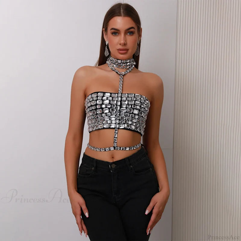 Halter Beaded Lace-Up Bandage Crop Prom Dress white / XS promdress-250223