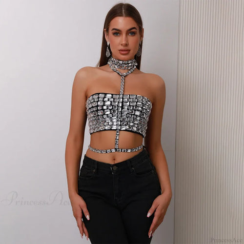 Halter Beaded Lace-Up Bandage Crop Prom Dress white / XS promdress-250223