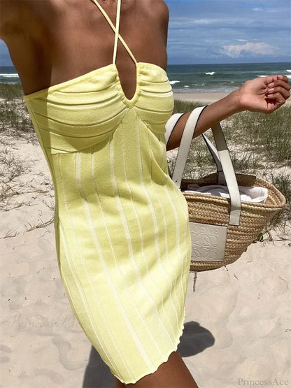 Halter Knitted Wrap Mini Dress Yellow / S minidress-250223