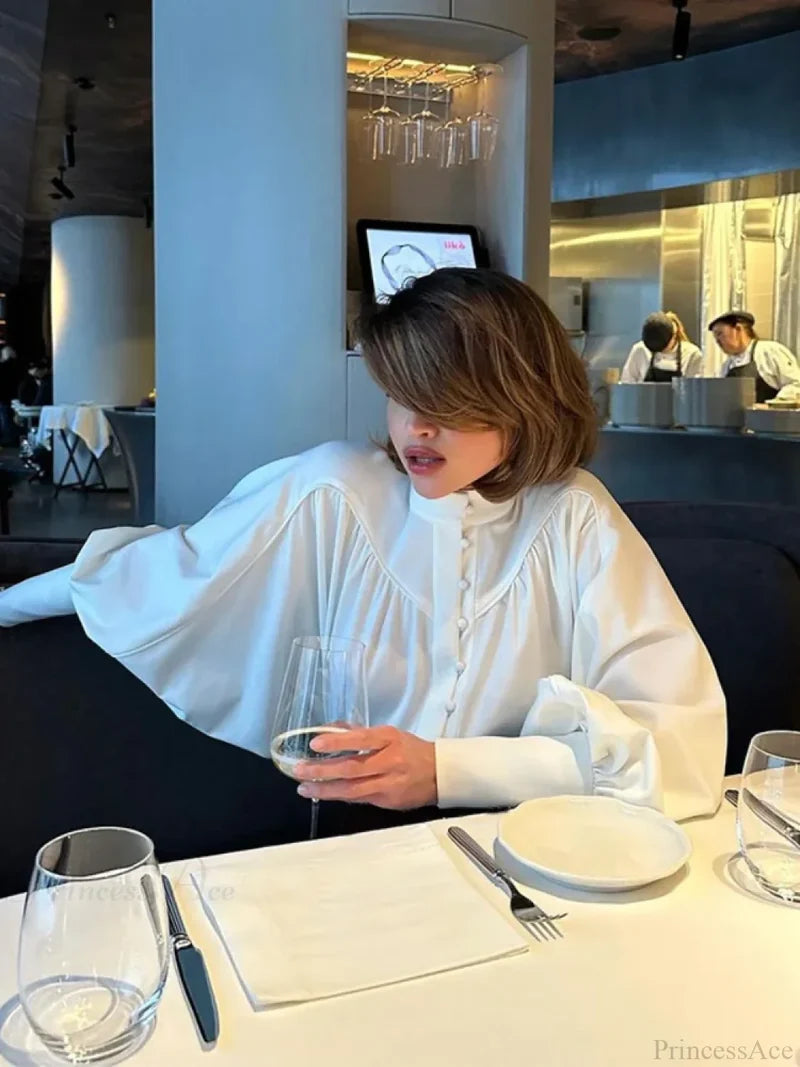 High Neck Fold Bubble Sleeve White Blouse blouse-250223