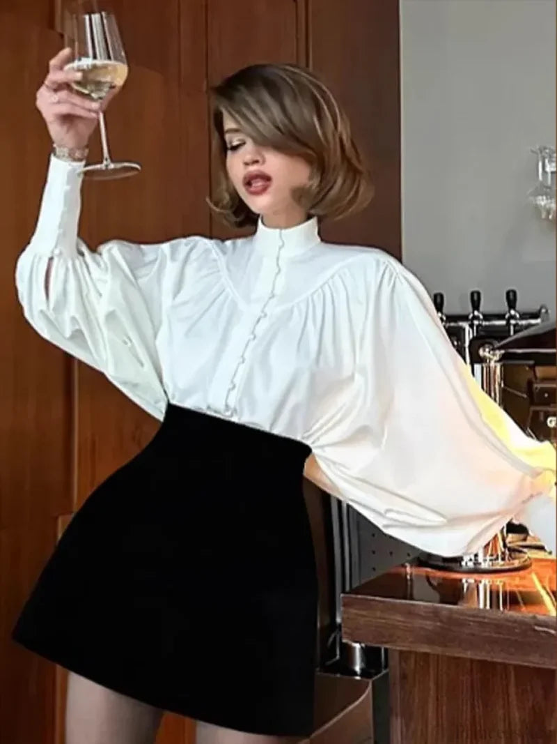 High Neck Fold Bubble Sleeve White Blouse blouse-250223