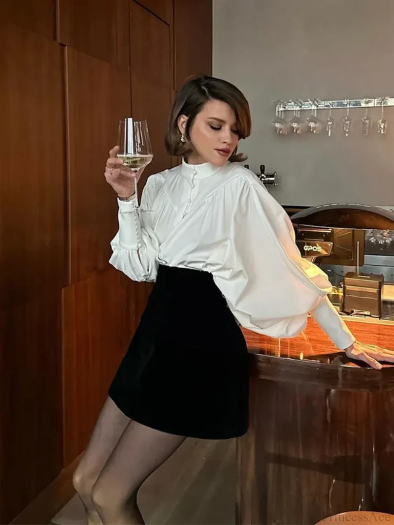 High Neck Fold Bubble Sleeve White Blouse blouse-250223