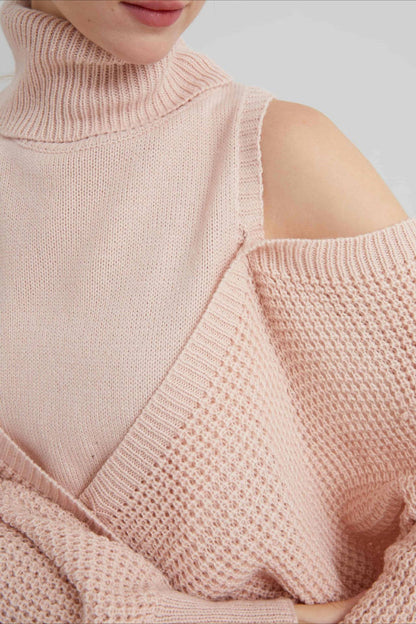 High Neck Off-Shoulder Double Layer Knit Sweater