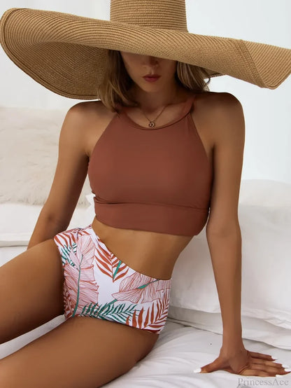 High Neck Solid Print Two Piece Set khaki / S